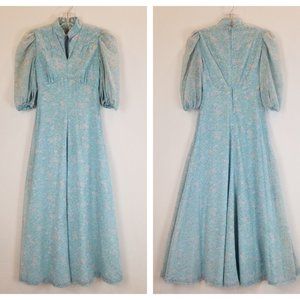 Vintage 60s Dusty Blue Floral Summer Maxi Dress Sz XS